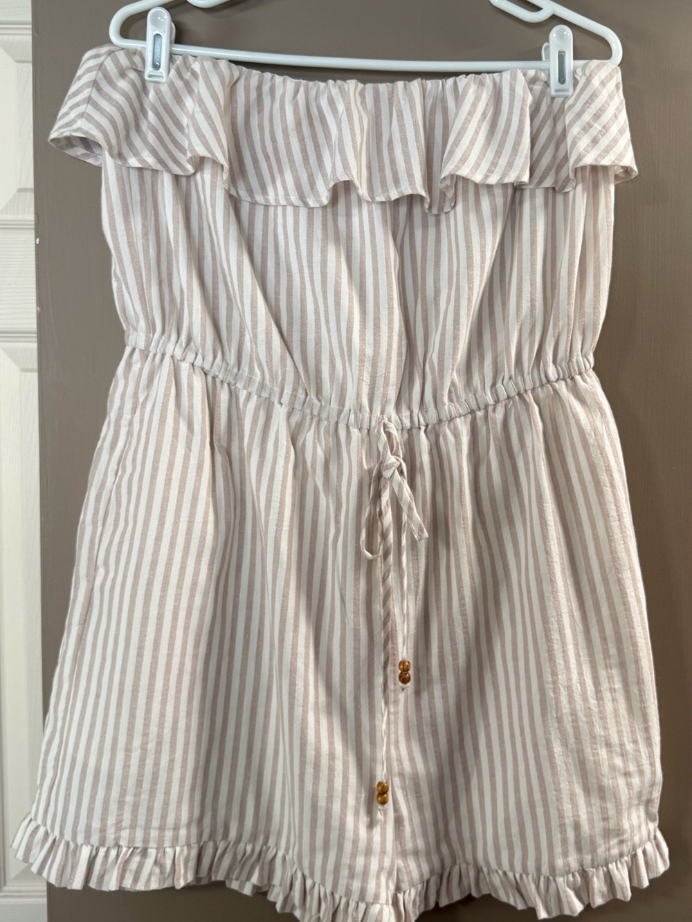 Pink Lily Beige and White Striped Off-Shoulder One-Piece Romper